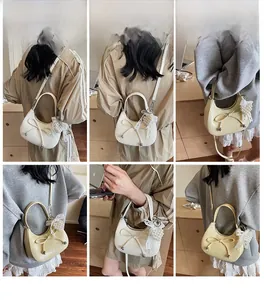 Vues multiples du sac croissant à nœud pour femme en blanc et jaune avec texture PU