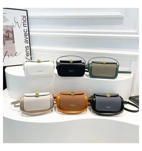 Detailed view of fashionable crossbody bags in six colors with gold metal buckles and leather