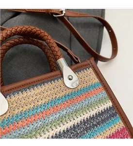 Detail of high-gloss silver hardware and multi-colored woven texture on a handbag