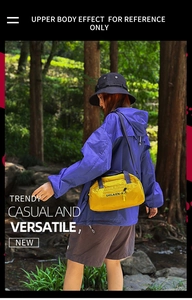 Outdoor model shot of a large yellow nylon crossbody bag with zipper and strap detail