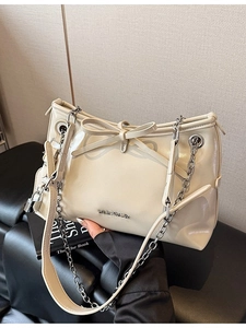 Women Glossy PU Leather Bowknot Crossbody Bag With Silver Chain Strap Padlock Decoration Fashion Underarm Shoulder Bag Gift