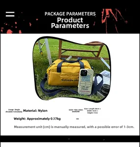 Detailed size specifications for the yellow nylon crossbody bag with outdoor scene view