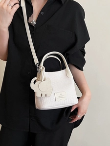 Women Fashion Woven Texture PU Canvas Bucket Bag Crossbody Handbag With Cute Elephant Charm Casual Daily Shoulder Bag