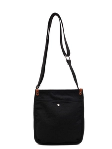 Grande borsa tote in tela nera con tracolla regolabile e tasca con borchia argentata