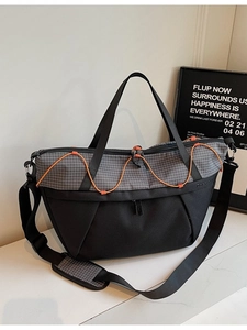 Women Large Capacity Nylon Tote Bag Functional Urban Outdoor Gym Travel Crossbody Bag With Orange Drawcord Grid Stitching