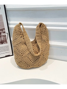 Women Handmade Crochet Straw Woven Shoulder Bag Large Capacity Tote For Summer Beach Holiday Casual Travel Boho Handbag