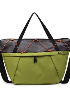 Large grass green and grey checkered shoulder bag with orange elastic cord for gym or travel
