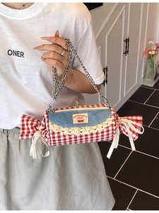 Sweet Candy Shaped Shoulder Bag For Women Gingham Denim Patchwork Crossbody Bag With Lace Bow Ribbon Metal Chain Small Pillow Bag For Daily Travel