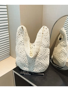 Women's woven hollow-out knit shoulder bag in cream white with floral patterns