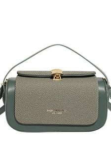 Retro contrast color crossbody bag with green fabric flap and gold shell buckle