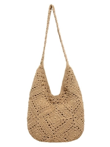 Handmade woven crochet tote bag in khaki with hollow knit pattern for summer beach use
