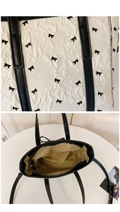 Vue détaillée de la doublure intérieure et du motif de nœud noir du sac seau en nylon