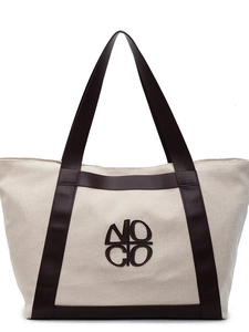 Large beige canvas tote bag with brown leather handles and NOCO logo on white background