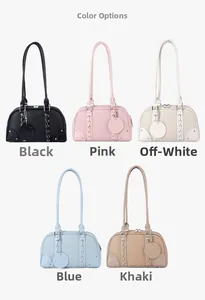 Five available colors of the pebbled leather Boston bag including black pink and khaki