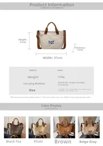 Tableau des dimensions du sac en toile avec poids de 0,35 kg et les options de couleur
