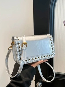 Women Vintage Punk PU Leather Crossbody Bag Small Square Shoulder Bag With Woven Edge Metal Eyelets Versatile Fashion Handbag