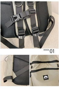 Detail of color-block nylon backpack with breathable mesh back and adjustable straps