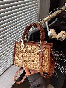 Retro woven straw small square bag with brown leather trim and braided rope handle