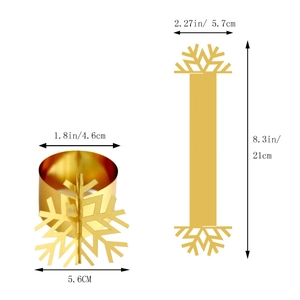Detailed dimensions of laser-cut gold snowflake napkin ring showing size and structure