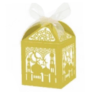 Goldene lasergeschnittene Süßigkeitenschachtel mit Sternen, Moschee und weißer Schleife