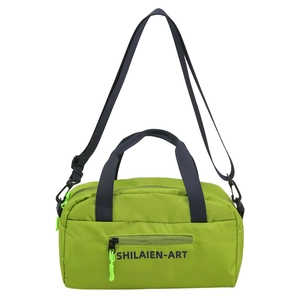 Neon green nylon crossbody bag with letter print and adjustable strap in front view
