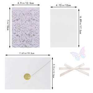 Detailed size chart for laser cut wedding invitations with envelopes and butterfly accents