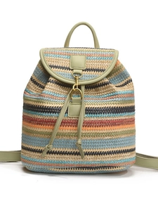 Sac à dos tissé à rayures colorées avec garniture en cuir vert clair et boucle dorée
