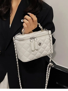Sac Seau Élégant en Cuir PU Matelassé pour Femmes Motif de Losanges Bandoulière Chaîne Petit Sac à Main avec Décoration de Fleur