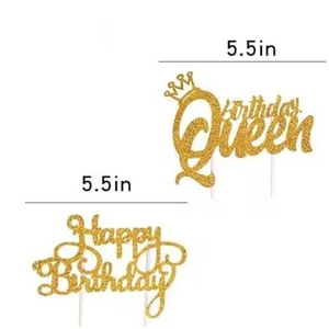 Décorations de gâteau Happy Birthday et Birthday Queen dorées à paillettes de 14 cm
