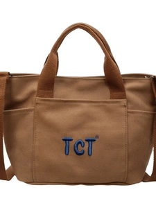 Grand sac fourre-tout en toile marron avec broderie TCT bleue et bandoulière réglable