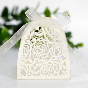 Detailed macro view of cream laser-cut rose gift box with white organza ribbon bow