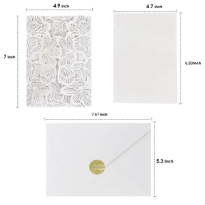 Laser cut floral wedding invitation set with dimensions and gold invitation sticker