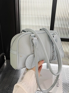 Minimalist light blue large capacity boston handbag in lychee texture faux leather