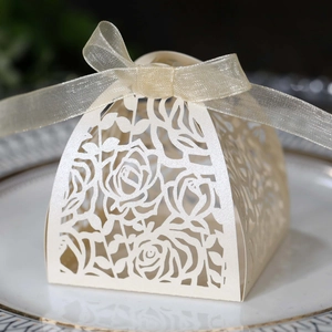 Detailed laser-cut rose pattern on cream pearl paper gift box with elegant ribbon