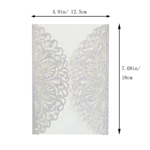 Detailed dimensions of silver glitter laser-cut wedding invitation, 12.5cm by 18cm