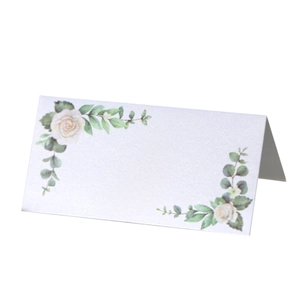 Elegant white rose floral place cards with pearlescent finish for wedding table settings