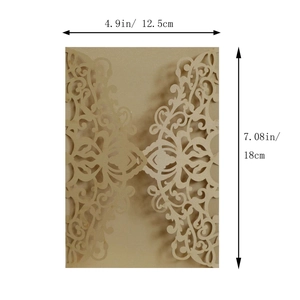 Laser-cut floral wedding invitation cover in matte gold finish with size measurements