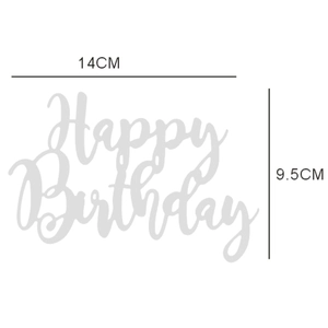 Silver laser-cut Happy Birthday cake topper dimensions showing 14cm width and 9.5cm height