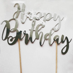 Silver mirror Happy Birthday cake topper with laser-cut design and wooden sticks