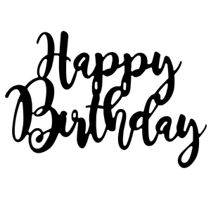 Close-up of elegant black Happy Birthday cake topper with laser-cut cursive lettering