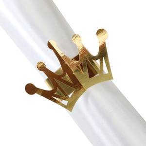 Golden crown napkin rings set for wedding dining table with reflective mirror finish