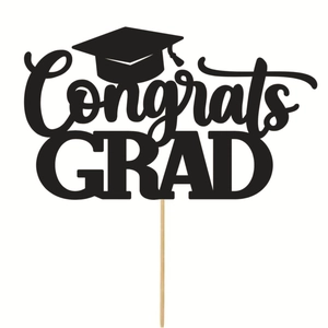 Congrats GRAD cake topper with black mortarboard hat and wooden sticks for 2026 graduation party