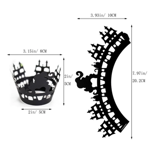 Black laser-cut Halloween cupcake wrappers with castle and ghost patterns and dimensions