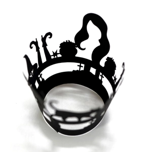 Detailed laser-cut black Halloween cupcake wrappers with witch and cauldron silhouettes