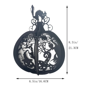 3D laser-cut black Halloween pumpkin lantern with spider and cat motifs, 8.3 inches high