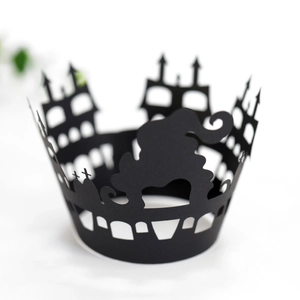 Halloween Cupcake Wrappers Laser Cut Black Cardboard Gothic Castle Wizard Hollow Out Silhouette Party Cake Decoration
