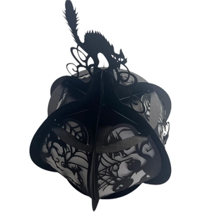 3D Halloween paper lantern featuring black cat silhouette and bat spiderweb cutouts