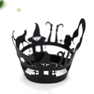 Detailed laser-cut black Halloween cupcake wrappers with witch and cat silhouette patterns