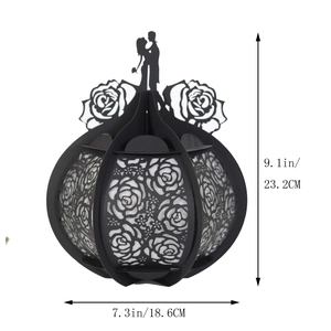 Black hollow pumpkin lantern with couple silhouette and rose patterns for wedding decor