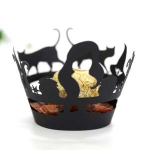 Halloween black hollow cupcake wrapper with laser cut cat and spooky silhouettes